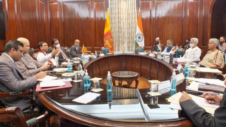 Ministers Basil Rajapaksa, Jaishankar and Sitharaman witness the signing of the USD 1 billion Indo – Lanka Loan Agreement