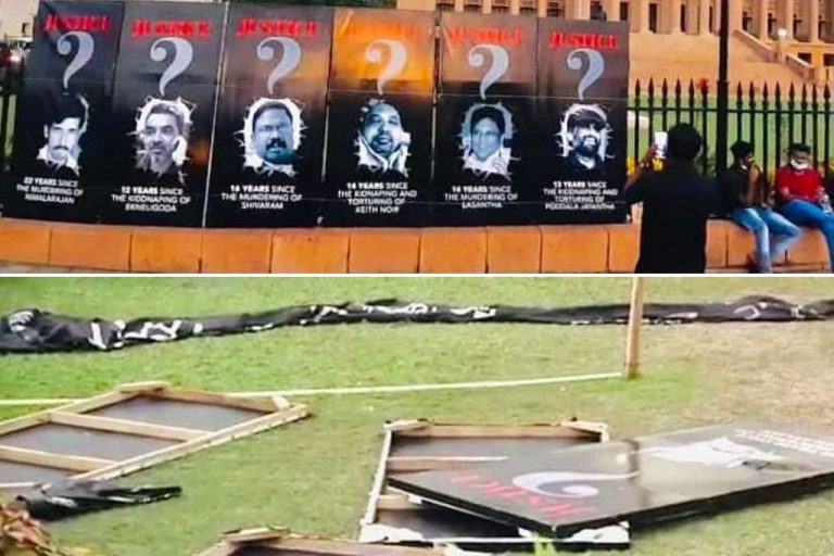 Police throw away posters of abducted, assassinated and assaulted journalists set up by protesters (PHOTOS)