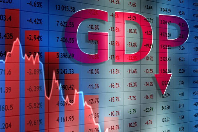 Logo of falling GDP. The collapse of GDP growth. Arrow goes down from the letters GDP. Gross domestic product. Crisis. Recession. The decline in production in the state. Concept - economic slowdown