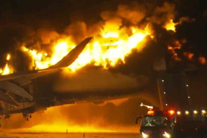 Emergency unfolds as Japan Airlines plane catches fire during landing